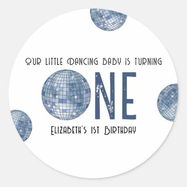 Retro Disco Ball First Birthday Party Runder Aufkleber (Vorderseite)