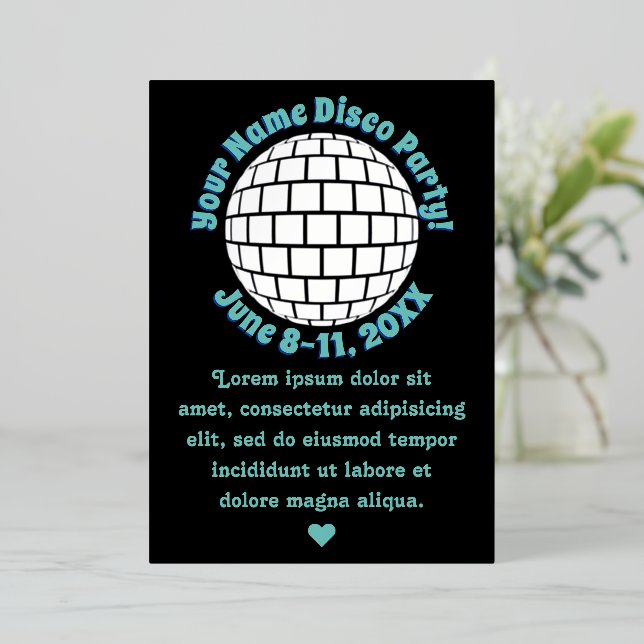 Retro Disco Ball PERSONALISIERT Silber Folieneinladung (Stehend vorne)