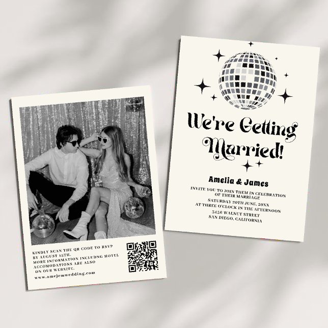 Retro Disco Ball Schwarz-weiß QR Code Hochzeit Einladung (Von Creator hochgeladen)