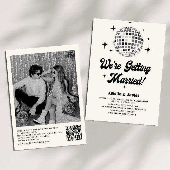 Retro Disco Ball Schwarz-weiß QR Code Hochzeit Einladung (Von Creator hochgeladen)