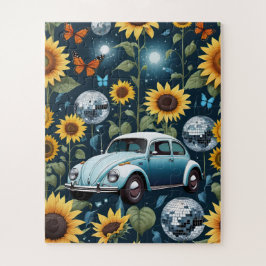 Retro Disco Balls Sonnenblumen und Hippie Bug Car