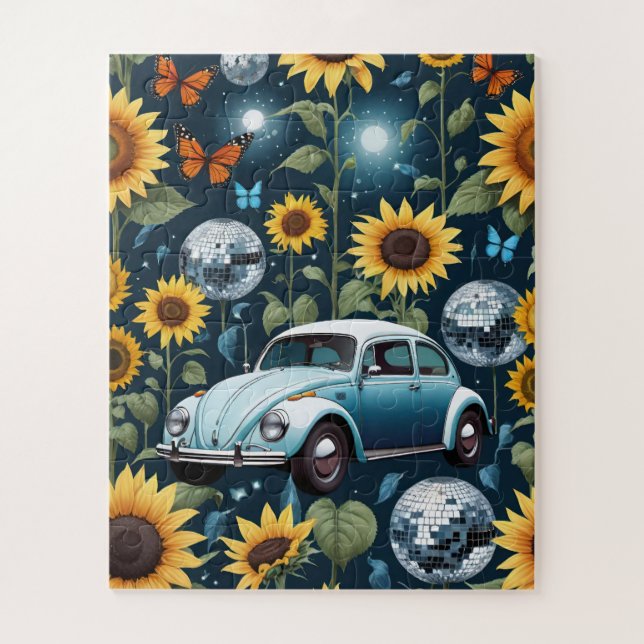 Retro Disco Balls Sonnenblumen und Hippie Bug Car (Vertikal)