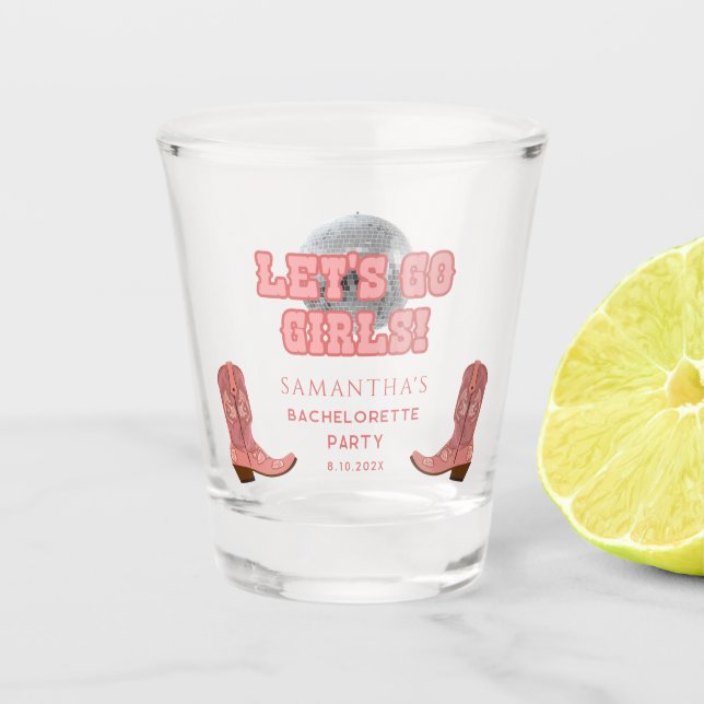 Retro Disco Cowgirl Junggeselinnen-Abschied Custom Schnapsglas (Vorderseite)
