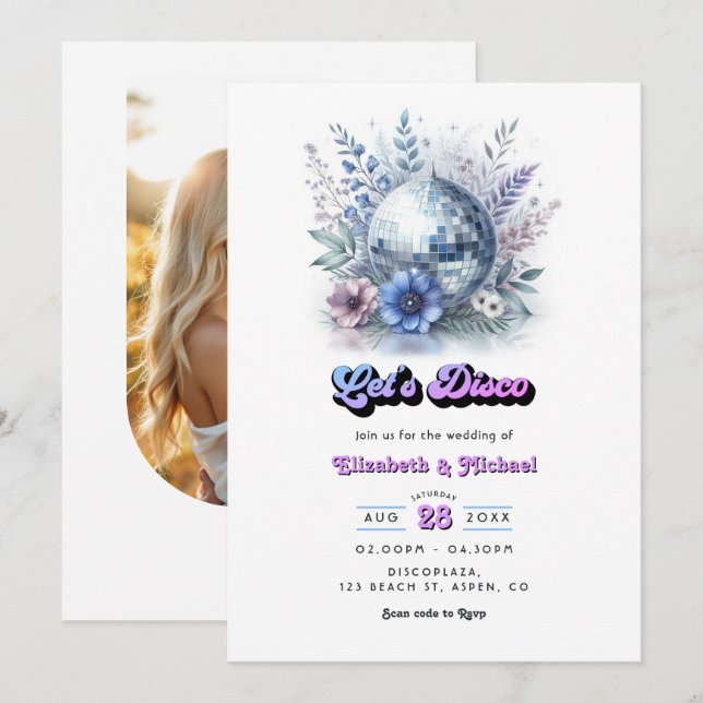 Retro-Disco-Garten-Hochzeit RSVP QR-Code Einladung (Vorne/Hinten)