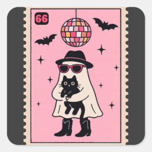 Retro-Disco-Geist mit schwarzer Halloween-Katze-St Quadratischer Aufkleber