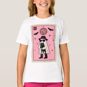 Retro Disco Ghost mit Black Cat Halloween Briefmar T-Shirt