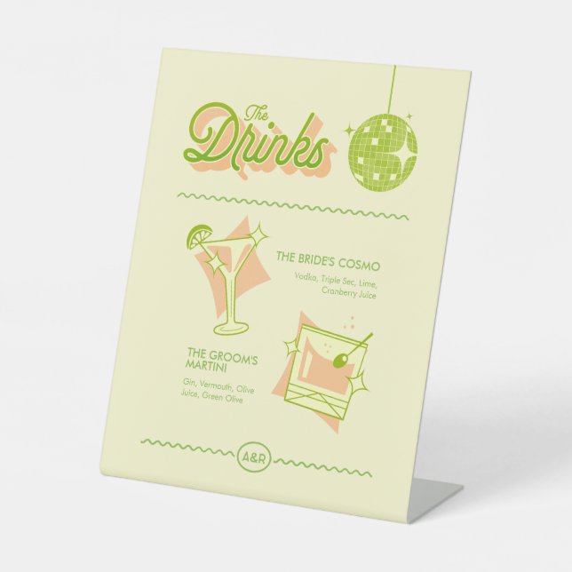 Retro-Disco-Hochzeitsbar-Menü Sockelschild (Vorderseite)