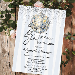 Retro Disco-Kugel Blaue Streifen Sweet 16 Einladung