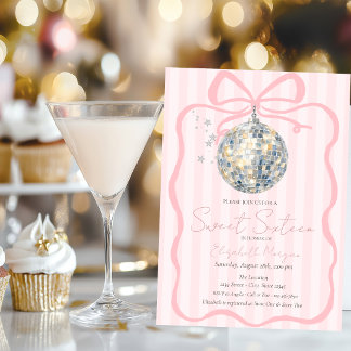 Retro Disco-Kugel rosa Schleife rosa Streifen Swee Einladung