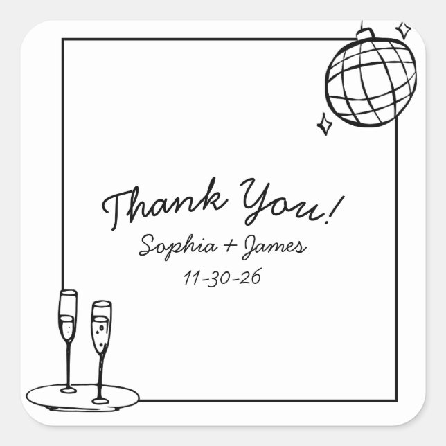 Retro Disco Personalisiert Wedding Danke Quadratischer Aufkleber (Vorderseite)