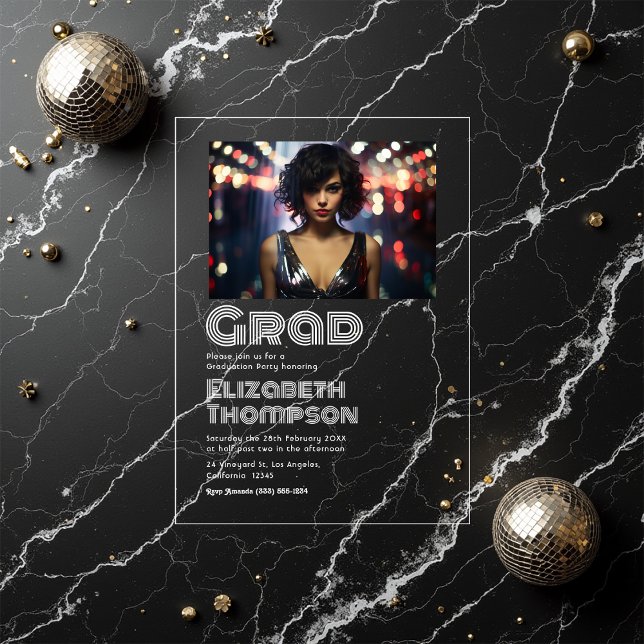 Retro Disco Typografy Graduation Party Foto Acryleinladungen (Retro Disco Typography Graduation Party Photo Acrylic Invitations)