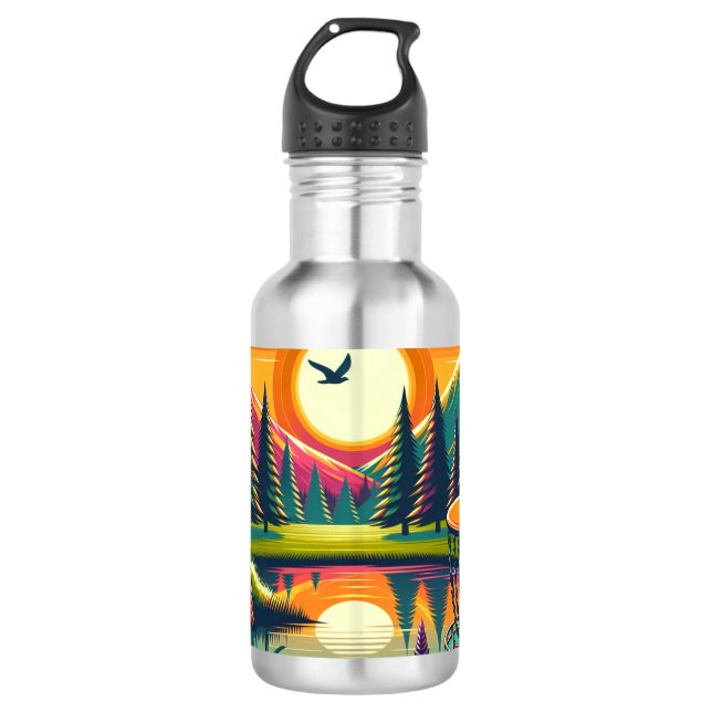 Retro Disk Golf Sunset and Trees Edelstahlflasche (Vorderseite)