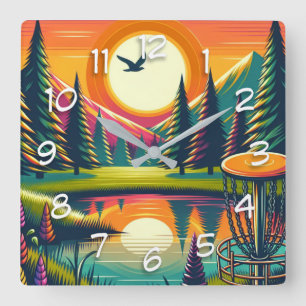 Retro Disk Golf Sunset and Trees Quadratische Wanduhr