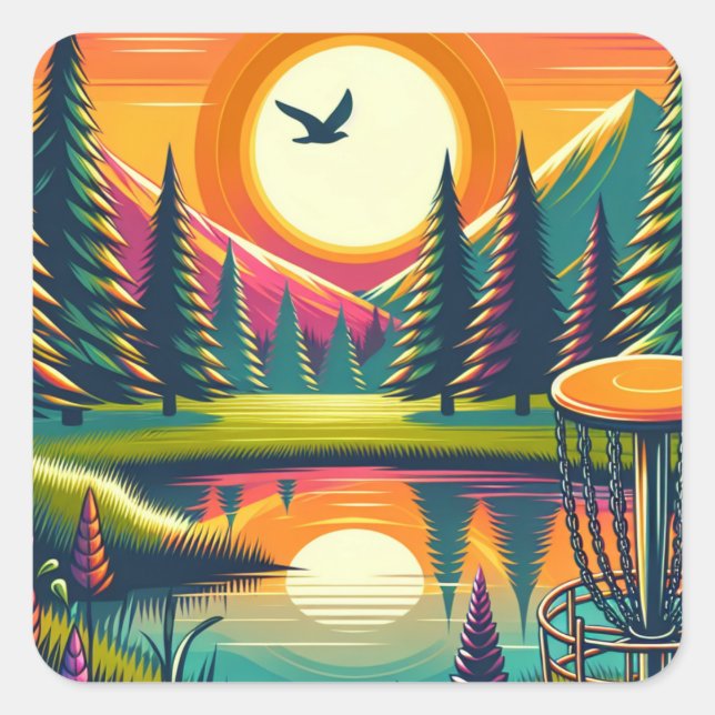 Retro Disk Golf Sunset and Trees Quadratischer Aufkleber (Vorderseite)