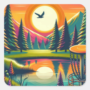 Retro Disk Golf Sunset and Trees Quadratischer Aufkleber