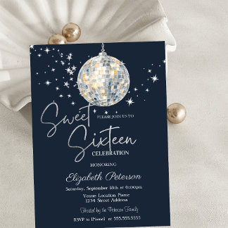 Retro-Diskokugel Sterne Navyblau Sweet 16 Einladung
