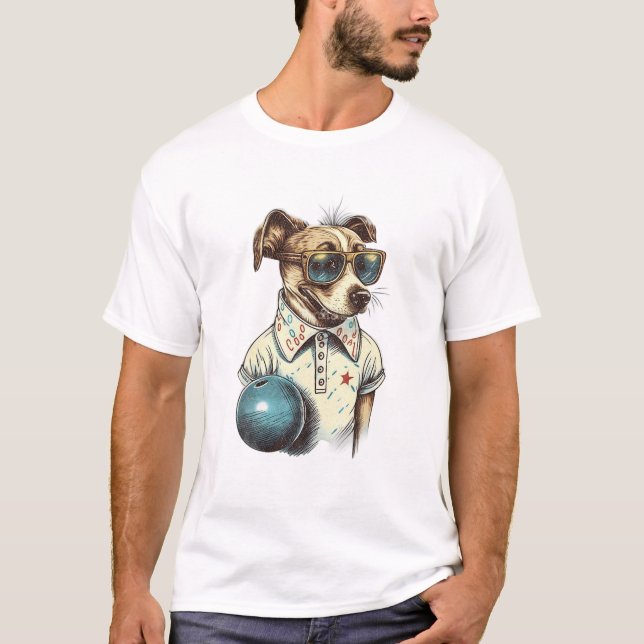Retro Dog Playing Bowling T-Shirt (Vorderseite)