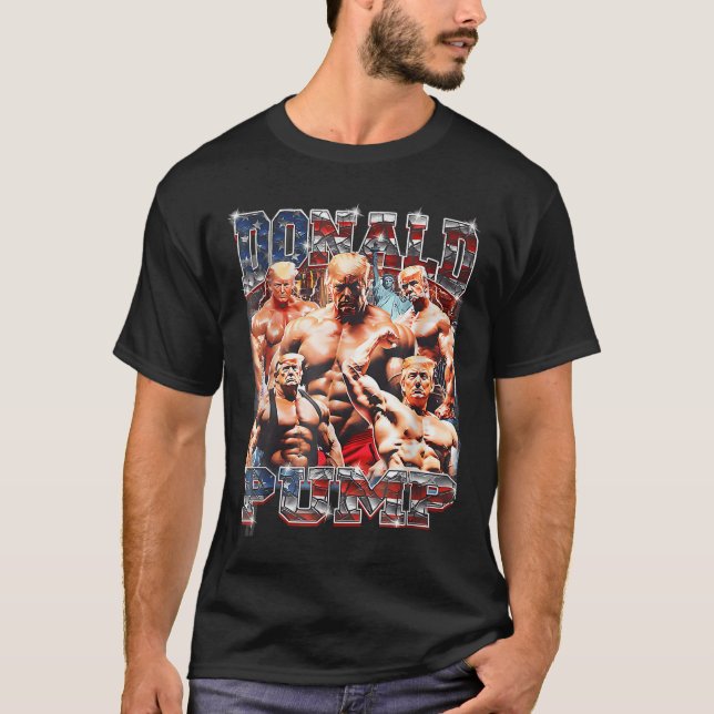 Retro Donald Pump Gym Collage Foto Meme Funny T-Shirt (Vorderseite)