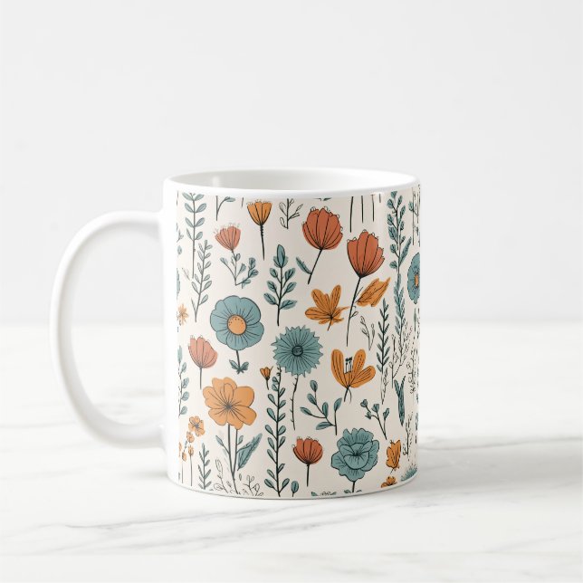 Retro Doodle Blume Botanische Blumenmuster Kaffeetasse (Links)