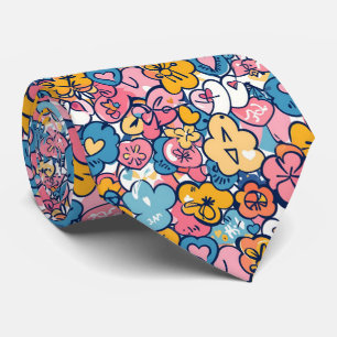 Retro-Doodle-Herzen-Blumen-Blau-Rosa-Muster Krawatte