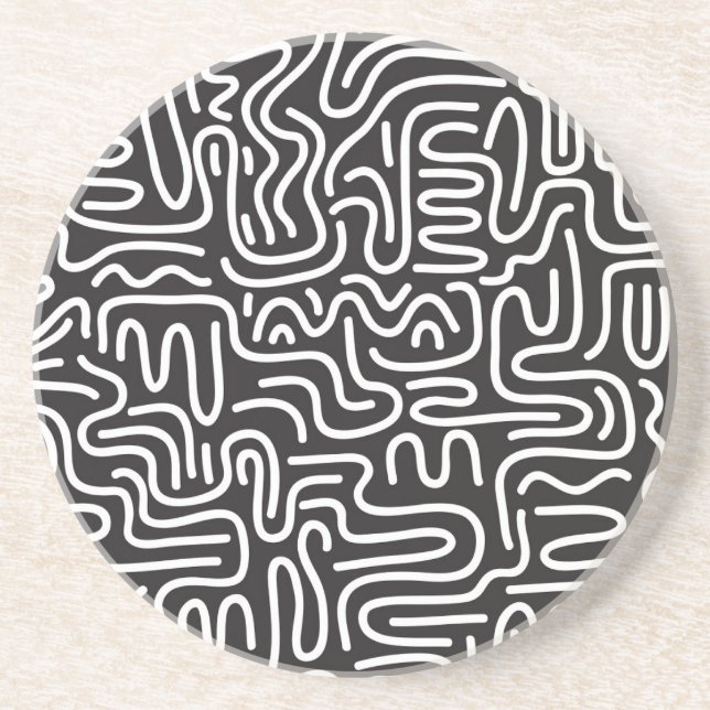 Retro Doodle Wavy Lines: Monochrom Getränkeuntersetzer (Vorne)