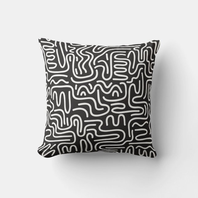 Retro Doodle Wavy Lines: Monochrom Kissen (Vorderseite)