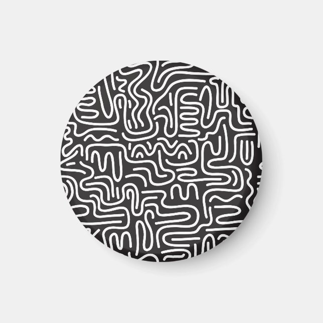 Retro Doodle Wavy Lines: Monochrom Magnet (Vorne)