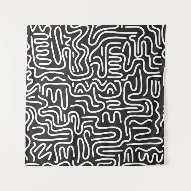 Retro Doodle Wavy Lines: Monochrom Wandteppich (Vorderseite)