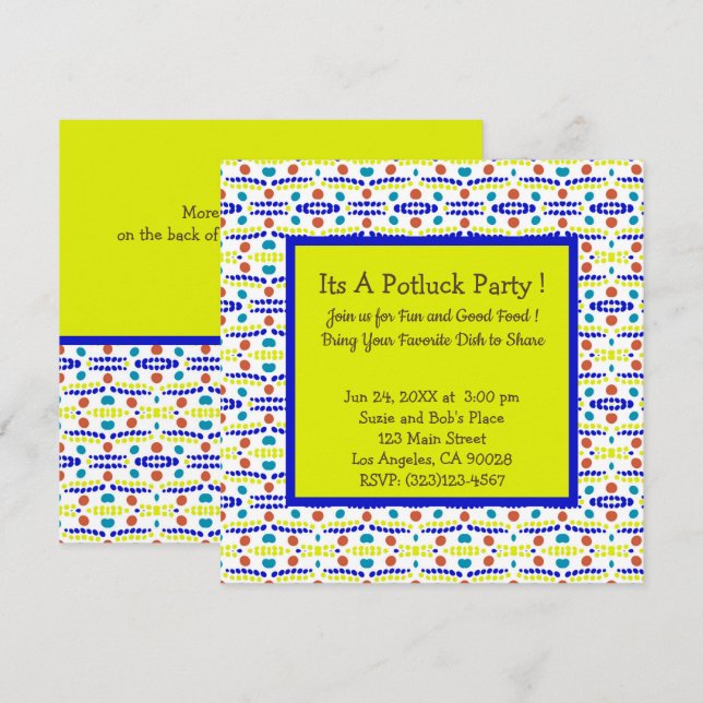 Retro Dots Muster Blau Gelbbrauner Aquamariner Pot Einladung (Vorne/Hinten)