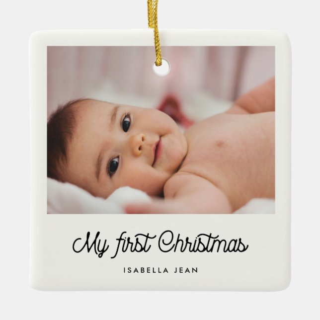 Retro Drehbuch Baby's First Christmas Foto Keramikornament (Vorderseite)