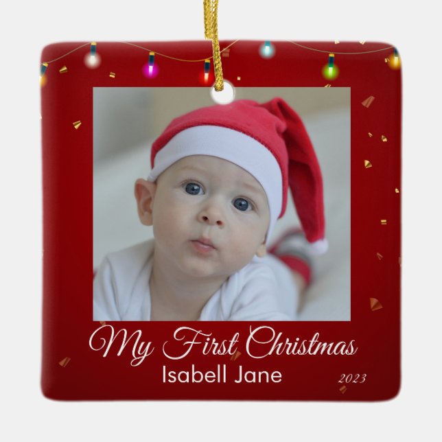 Retro Drehbuch Baby's First Christmas Foto Keramikornament (Vorderseite)