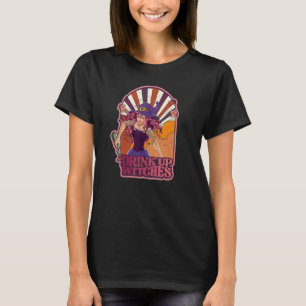 Retro Drink Up Witches Skeleton Witch Vibes Spooky T-Shirt