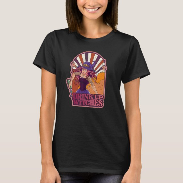 Retro Drink Up Witches Skeleton Witch Vibes Spooky T-Shirt (Vorderseite)