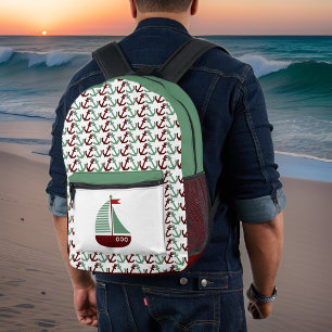 Retro Dunkelrot und Salbei Segelboot Anker Monogra Bedruckter Rucksack