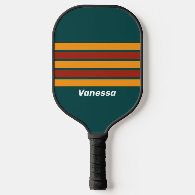 Retro Dunkler Aquamariner Splash durch Streifen mi Pickleball Schläger (Vorderseite)