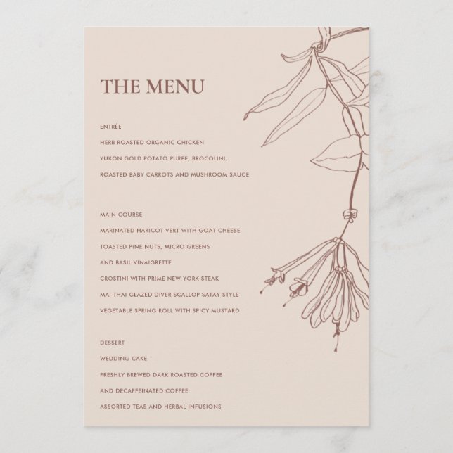 RETRO DUSKY BLUSH LINIE ZEICHNEND FLORAL MENU MENÜKARTE (Vorderseite)