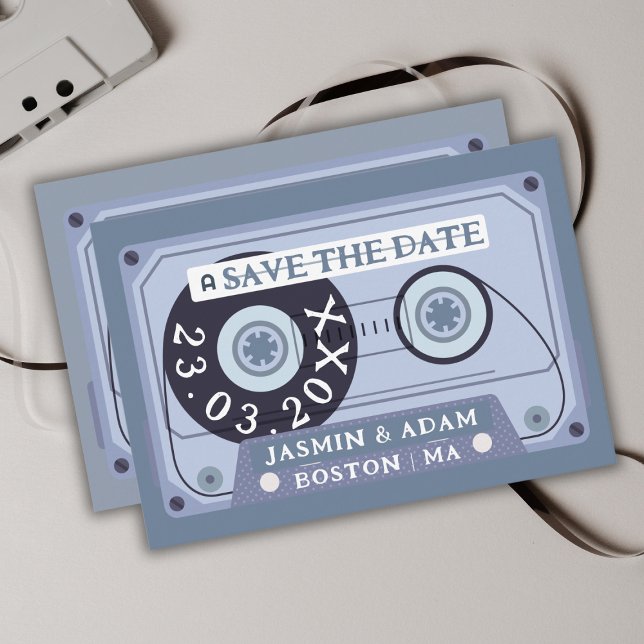 Retro Dusty Blue Cassette Tape Wedding Save The Date (Von Creator hochgeladen)