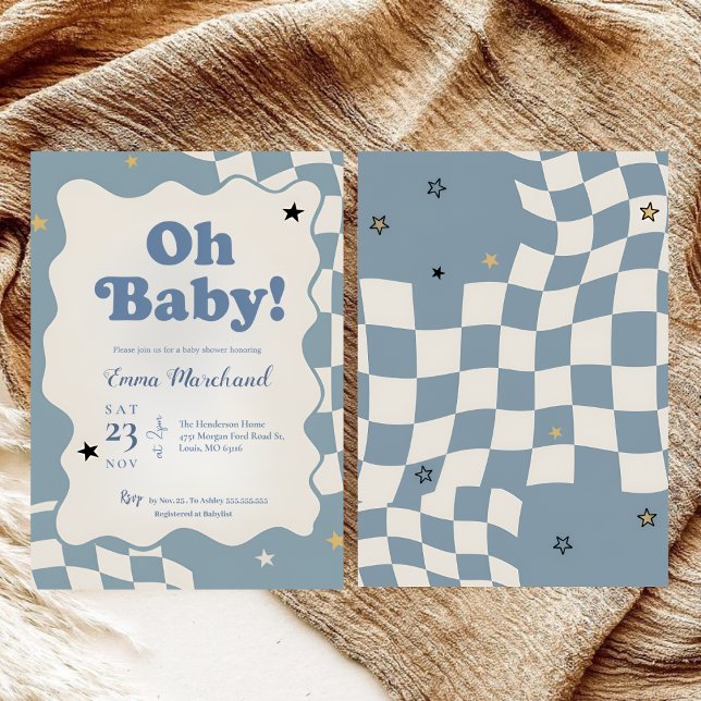 Retro Dusty Blue Checkered Oh Baby Baby Shower Einladung (Von Creator hochgeladen)