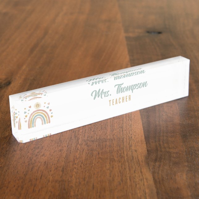 Retro Earthy Colors Rainbow and Sun Teacher Namensplakette (Seite)