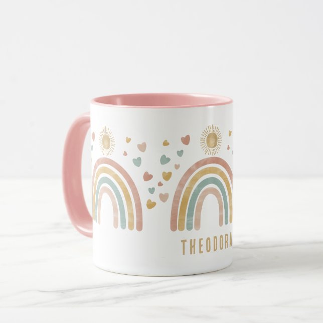 Retro Earthy Colors Rainbow & Sun Name Tasse (Vorderseite Links)