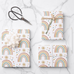 Retro Earthy Colors Watercolor Rainbow Sun Pattern Geschenkpapier Set
