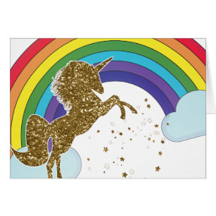 Retro Einhorn Regenbogen & Goldene Sterne Danke