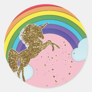 Retro Einhorn Regenbogen & Goldene Sterne Geburtst Runder Aufkleber