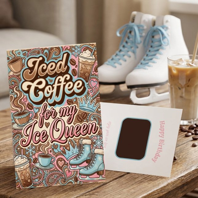 Retro-Eiskaffee-Eis-Königin-Geschenkkartenhalter Einladung (Coffee gift card holder for ice skater friend)
