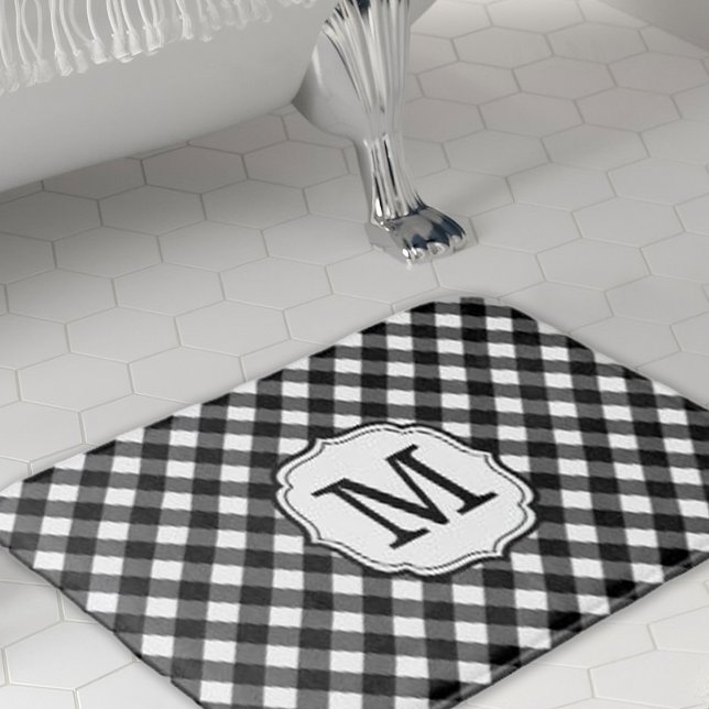 Retro Elagant Personalized Gingham Bath Mat Badematte (retro elegant personalized black and white gingham check bath mat)