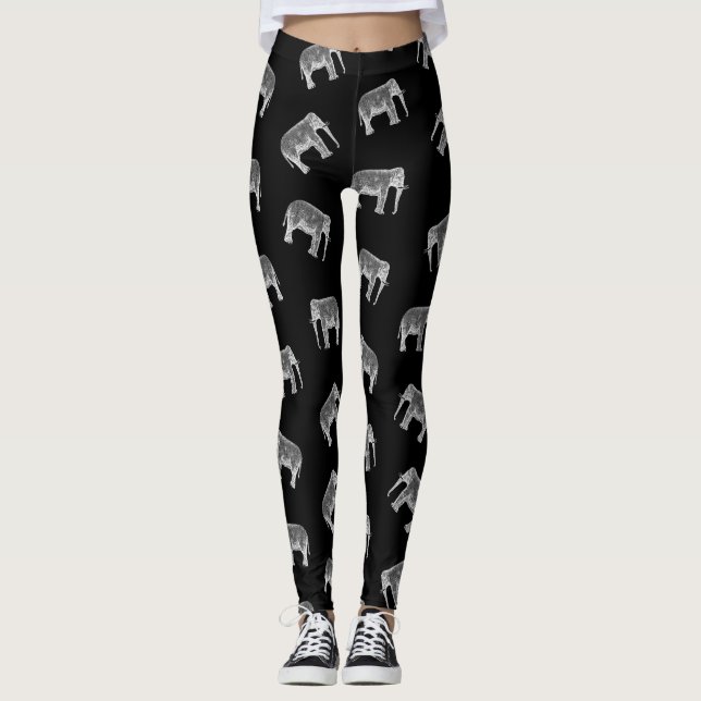 Retro Elefant-Druck-Muster-schwarzer u. weißer Leggings (Vorderseite)