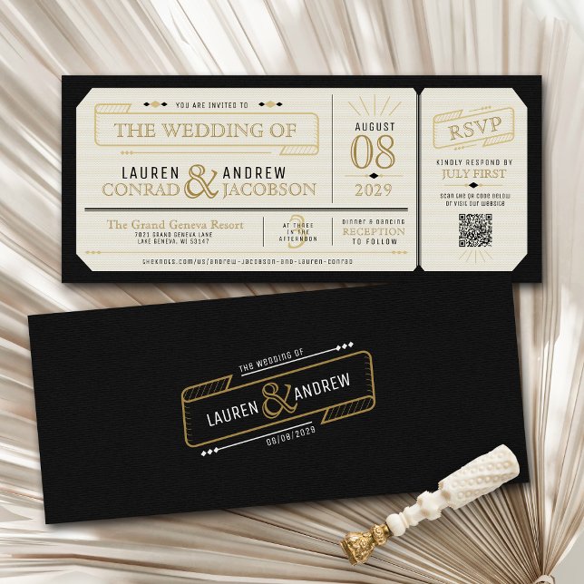Retro Elegant Black & Gold Vintage Ticket Wedding Einladung (Unique retro black and gold vintage simple classy ticket style qr code rsvp 4x9 wedding invitation)