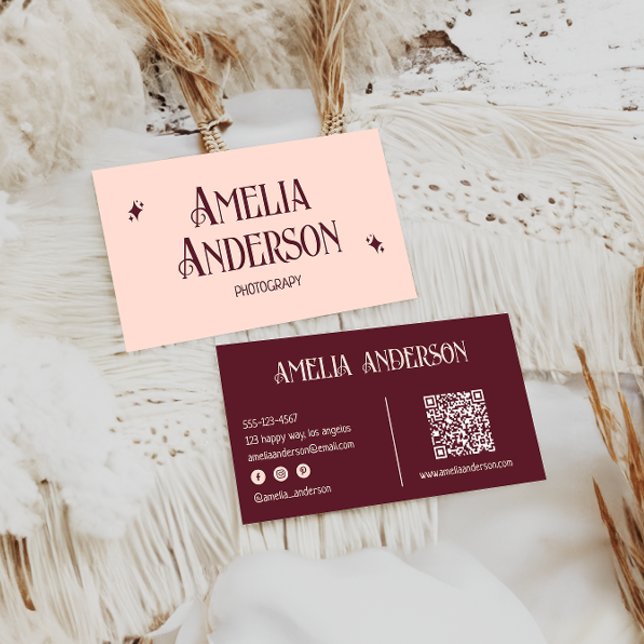 Retro Elegant Blush & Burgundy Qr Code Visitenkarte (Von Creator hochgeladen)