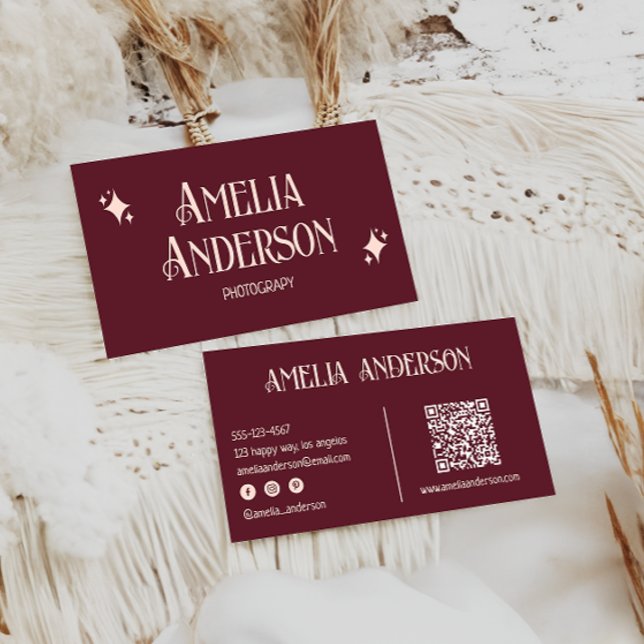 Retro Elegant Blush & Burgundy Qr Code Visitenkarte (Von Creator hochgeladen)