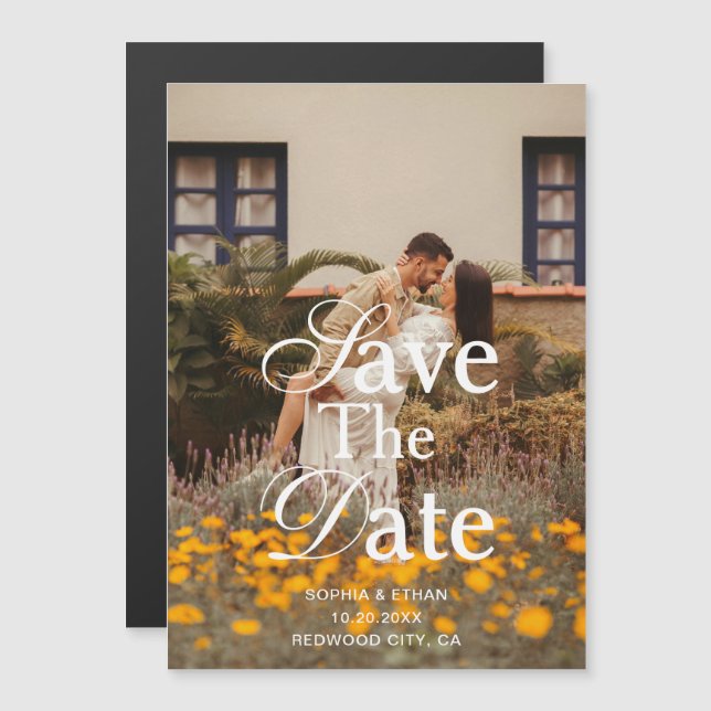 Retro Elegant Script Photo Wedding Save The Date Magneteinladung (Vorne/Hinten)